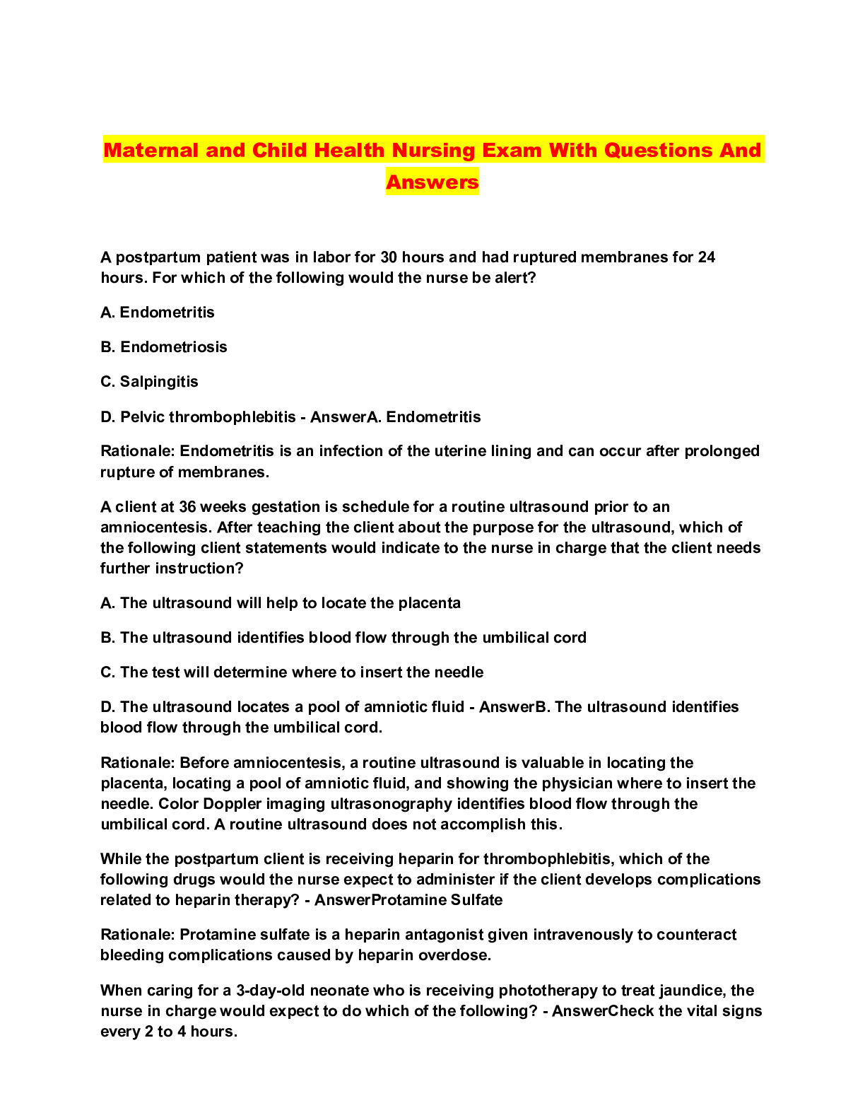 Maternal and Child Health Nursing Exam With Questions And Answers